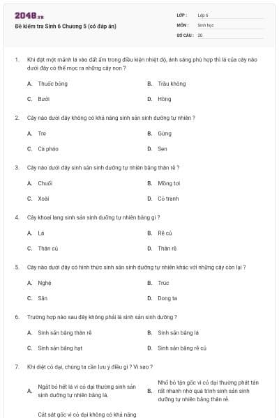 Đề kiểm tra Sinh 6 Chương 5 (có đáp án)