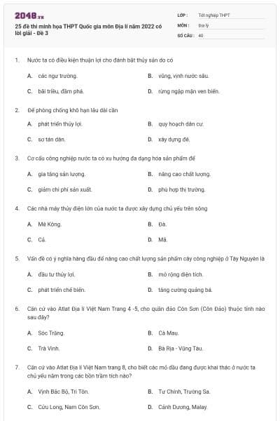 25 đề thi minh họa THPT Quốc gia môn Địa lí năm 2022 có lời giải - Đề 3