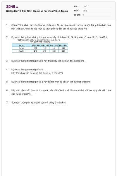 Bài tập Bài 10. Đặc điểm dân cư, xã hội châu Phi có đáp án