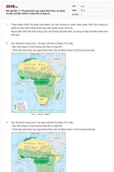 Bài tập Bài 11. Phương thức con người khai thác, sử dụng và bảo vệ thiên nhiên ở châu Phi có đáp án