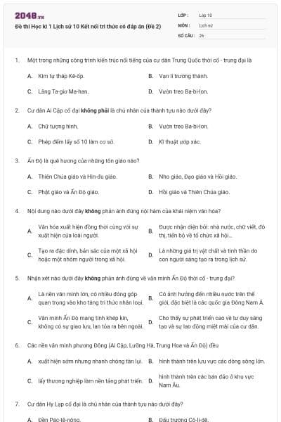 Đề thi Học kì 1 Lịch sử 10 Kết nối tri thức có đáp án (Đề 2)
