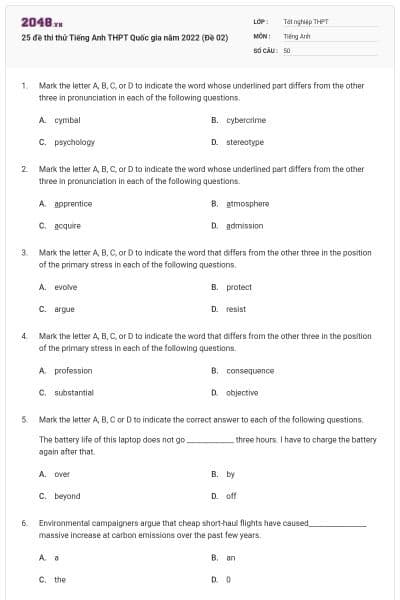 25 đề thi thử Tiếng Anh THPT Quốc gia năm 2022 (Đề 02)
