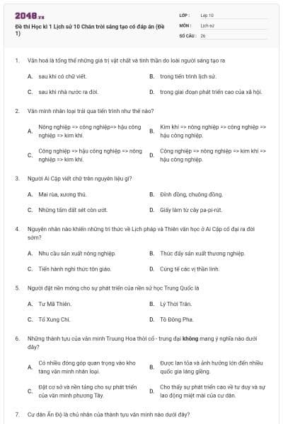 Đề thi Học kì 1 Lịch sử 10 Chân trời sáng tạo có đáp án (Đề 1)