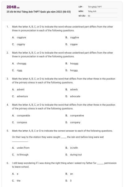 25 đề thi thử Tiếng Anh THPT Quốc gia năm 2022 (Đề 03)