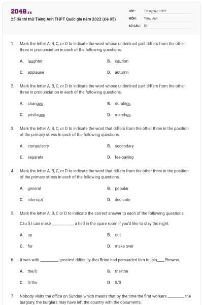 25 đề thi thử Tiếng Anh THPT Quốc gia năm 2022 (Đề 05)