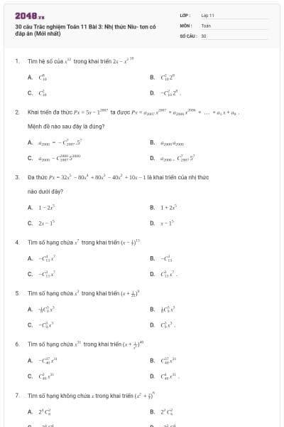 30 câu Trắc nghiệm Toán 11 Bài 3: Nhị thức Niu- tơn có đáp án (Mới nhất)