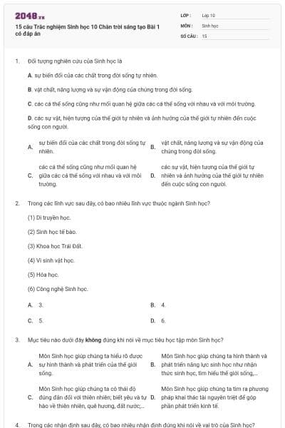 15 câu Trắc nghiệm Sinh học 10 Chân trời sáng tạo Bài 1 có đáp án