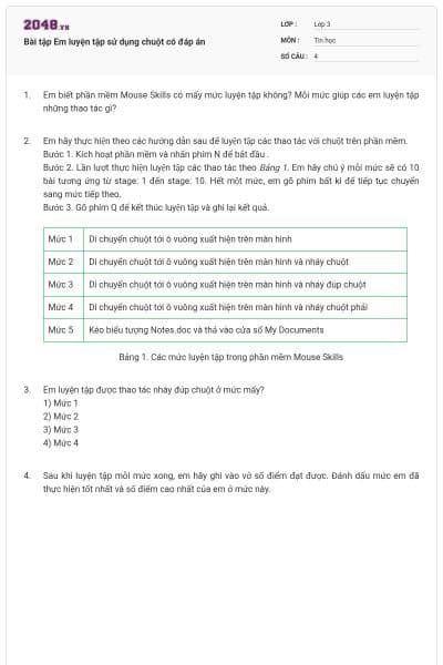 Bài tập Em luyện tập sử dụng chuột có đáp án