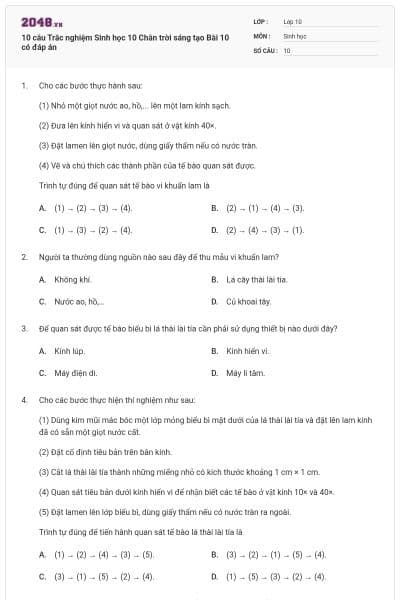 10 câu Trắc nghiệm Sinh học 10 Chân trời sáng tạo Bài 10 có đáp án