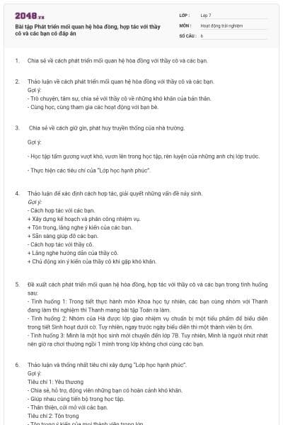 Bài tập Phát triển mối quan hệ hòa đồng, hợp tác với thầy cô và các bạn có đáp án