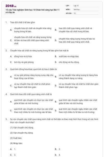 15 câu Trắc nghiệm Sinh học 10 Chân trời sáng tạo Bài 11 có đáp án