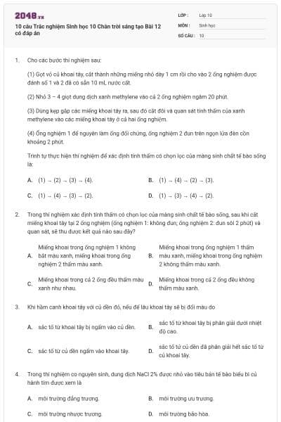 10 câu Trắc nghiệm Sinh học 10 Chân trời sáng tạo Bài 12 có đáp án