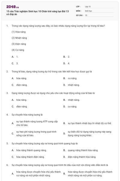 15 câu Trắc nghiệm Sinh học 10 Chân trời sáng tạo Bài 13 có đáp án