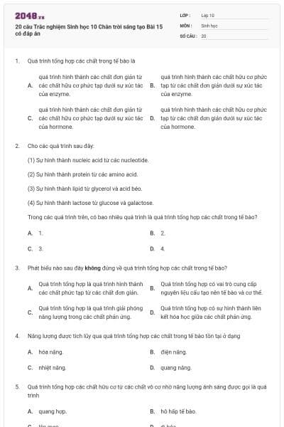 20 câu Trắc nghiệm Sinh học 10 Chân trời sáng tạo Bài 15 có đáp án