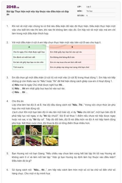 Bài tập Thực hiện một việc tùy thuộc vào điều kiện có đáp án