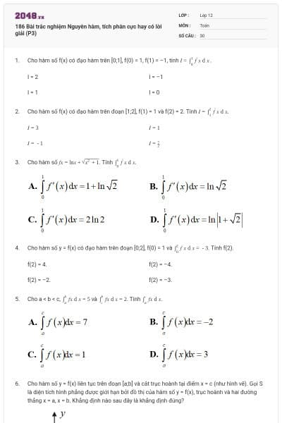 186 Bài trắc nghiệm Nguyên hàm, tích phân cực hay có lời giải (P3)