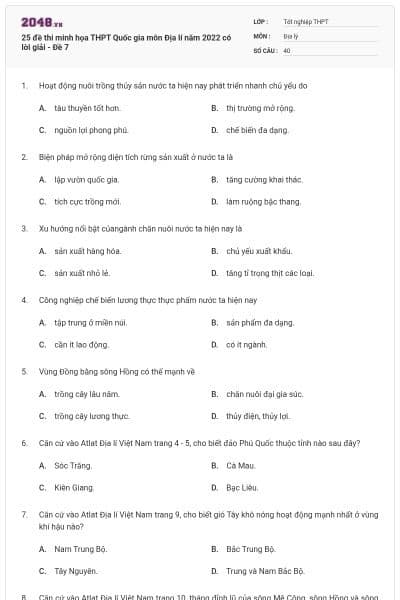 25 đề thi minh họa THPT Quốc gia môn Địa lí năm 2022 có lời giải - Đề 7