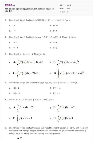 186 Bài trắc nghiệm Nguyên hàm, tích phân cực hay có lời giải (P3)