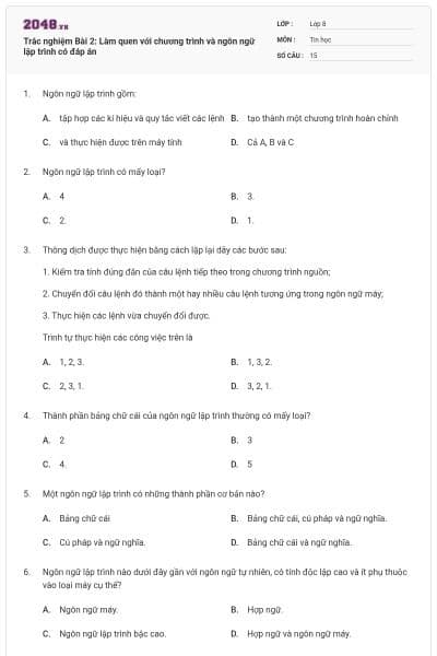 Trắc nghiệm Bài 2: Làm quen với chương trình và ngôn ngữ lập trình có đáp án