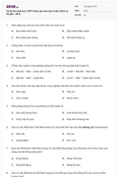 25 đề thi minh họa THPT Quốc gia môn Địa lí năm 2022 có lời giải - Đề 8