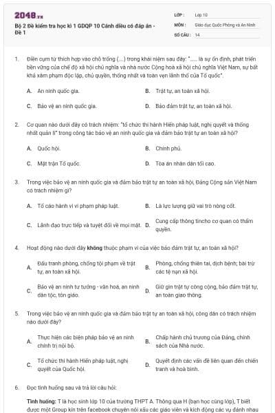 Bộ 2 Đề kiểm tra học kì 1 GDQP 10 Cánh diều có đáp án - Đề 1