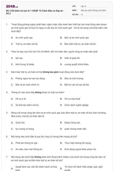 Bộ 2  Đề kiểm tra học kì 1 GDQP 10 Cánh diều có đáp án - Đề 2