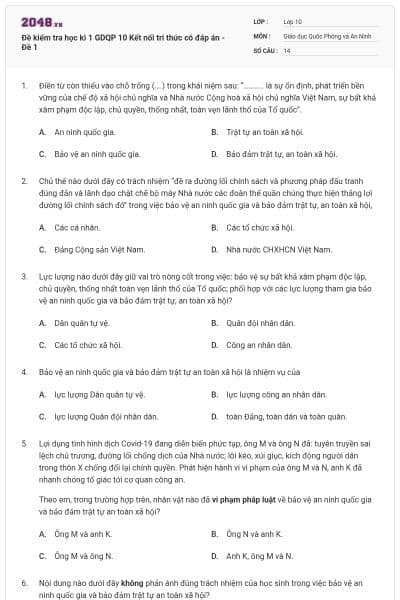 Đề kiểm tra học kì 1 GDQP 10 Kết nối tri thức có đáp án - Đề 1