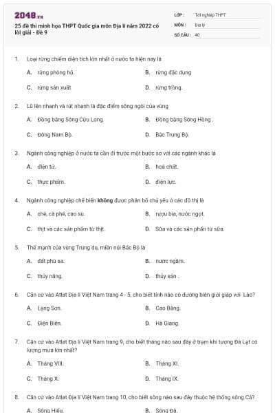 25 đề thi minh họa THPT Quốc gia môn Địa lí năm 2022 có lời giải - Đề 9