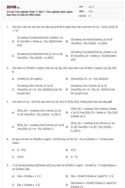 23 câu Trắc nghiệm Toán 11 Bài 1: Trắc nghiệm định nghĩa đạo hàm có đáp án (Mới nhất)