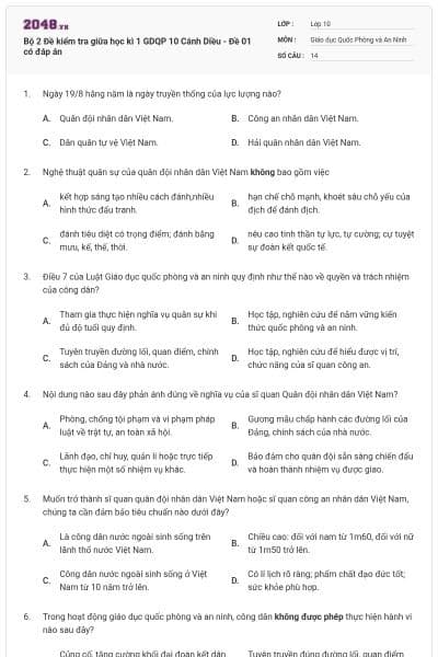 Bộ 2  Đề kiểm tra giữa học kì 1 GDQP 10 Cánh Diều - Đề 01 có đáp án