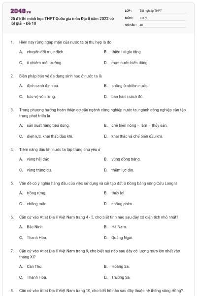 25 đề thi minh họa THPT Quốc gia môn Địa lí năm 2022 có lời giải - Đề 10