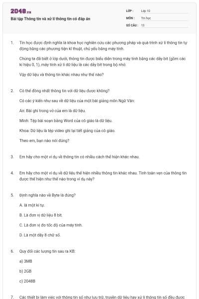 Bài tập Thông tin và xử lí thông tin có đáp án