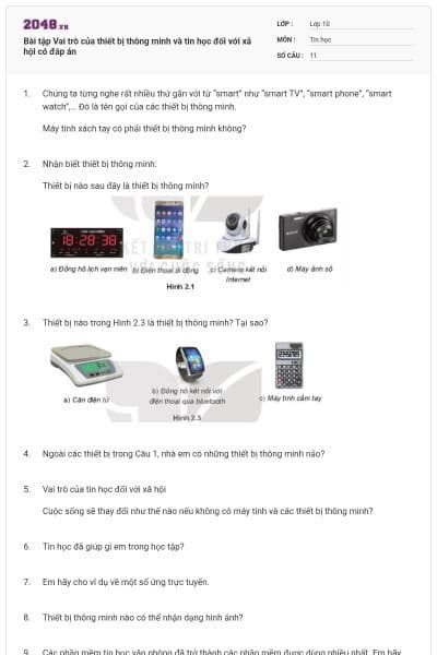 Bài tập Vai trò của thiết bị thông minh và tin học đối với xã hội có đáp án