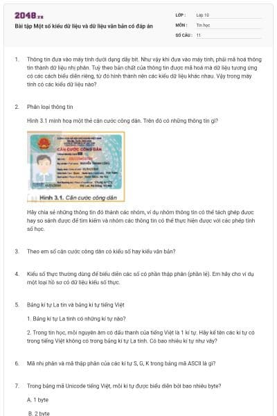 Bài tập Một số kiểu dữ liệu và dữ liệu văn bản có đáp án