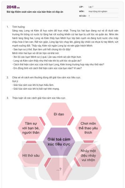 Bài tập Kiểm soát cảm xúc của bản thân có đáp án