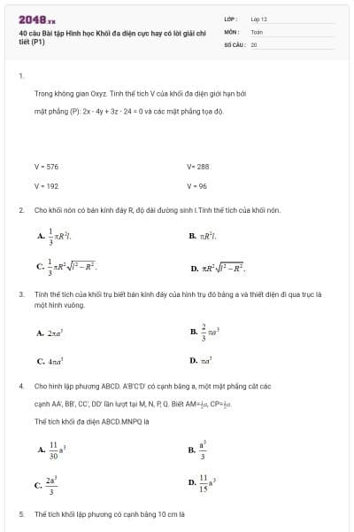 40 câu Bài tập Hình học Khối đa diện cực hay có lời giải chi tiết (P1)