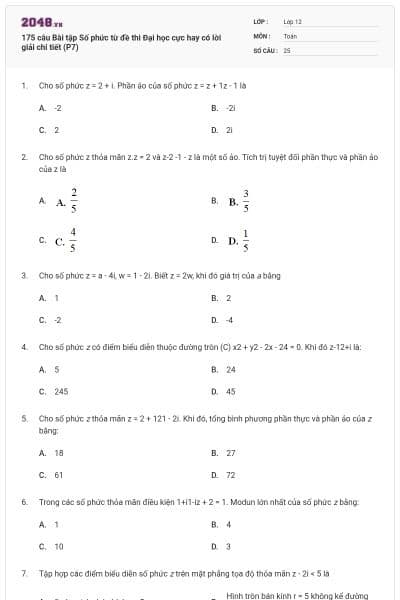 175 câu Bài tập Số phức từ đề thi Đại học cực hay có lời giải chi tiết (P7)