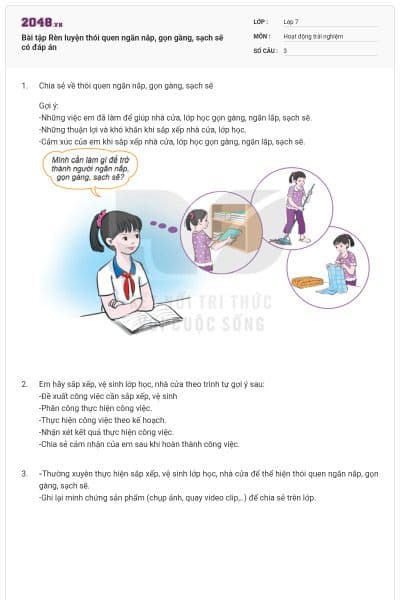 Bài tập Rèn luyện thói quen ngăn nắp, gọn gàng, sạch sẽ có đáp án