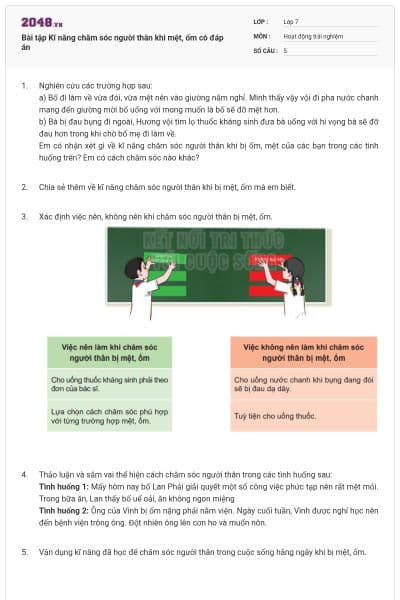 Bài tập Kĩ năng chăm sóc người thân khi mệt, ốm có đáp án