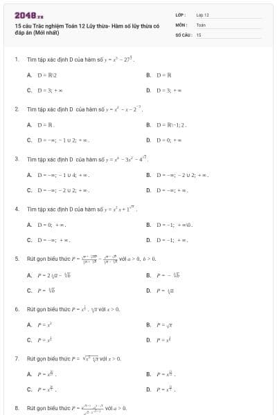 15 câu Trắc nghiệm Toán 12 Lũy thừa- Hàm số lũy thừa có đáp án (Mới nhất)