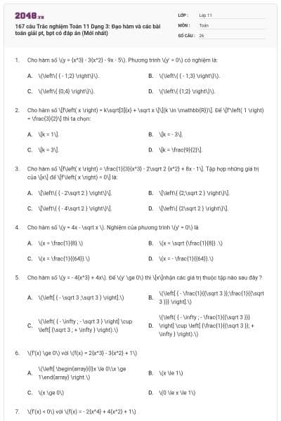 167 câu Trắc nghiệm Toán 11 Dạng 3: Đạo hàm và các bài toán giải pt, bpt có đáp án (Mới nhất)