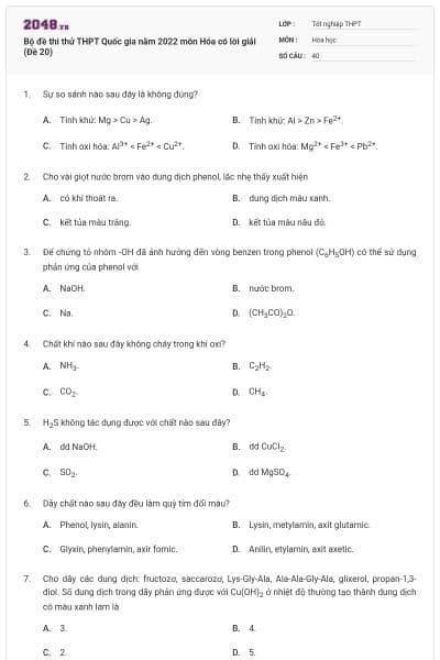 Bộ đề thi thử THPT Quốc gia năm 2022 môn Hóa có lời giải (Đề 20)