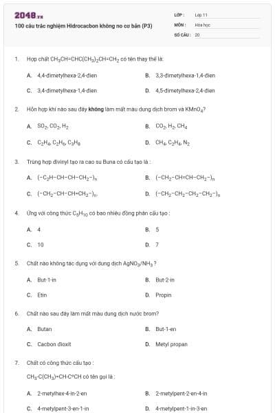 100 câu trắc nghiệm Hidrocacbon không no cơ bản (P3)