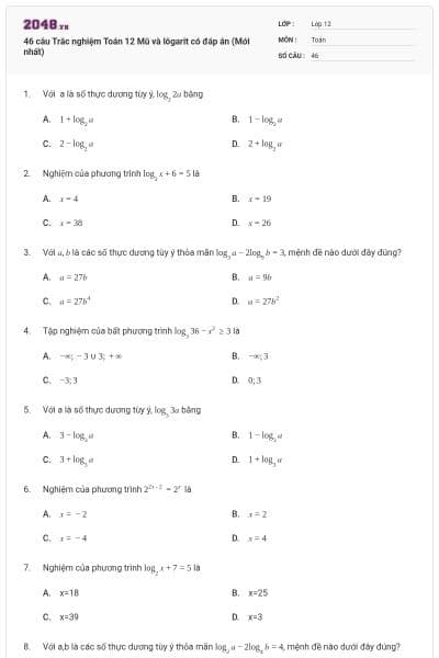 46 câu Trắc nghiệm Toán 12 Mũ và lôgarit có đáp án (Mới nhất)