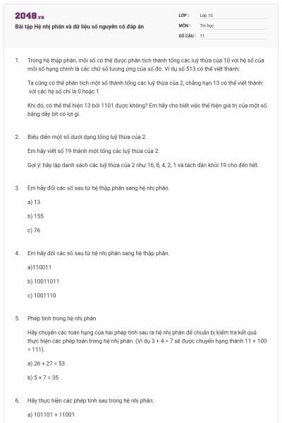 Bài tập Hệ nhị phân và dữ liệu số nguyên có đáp án