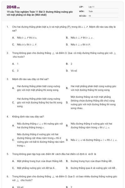19 câu Trắc nghiệm Toán 11 Bài 3: Đường thẳng vuông góc với mặt phẳng có đáp án (Mới nhất)