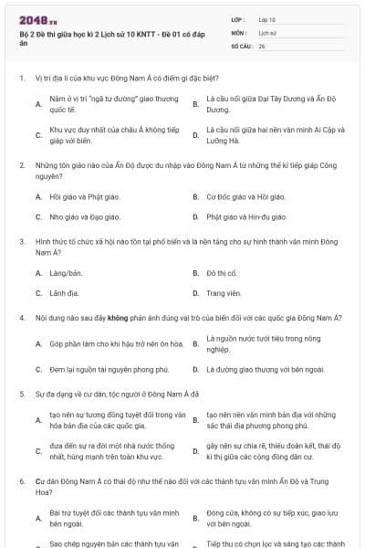 Bộ 2 Đề thi giữa học kì 2 Lịch sử 10 KNTT - Đề 01 có đáp án