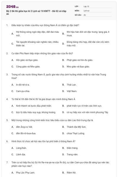 Bộ 2  Đề thi giữa học kì 2 Lịch sử 10 KNTT - Đề 02 có đáp án