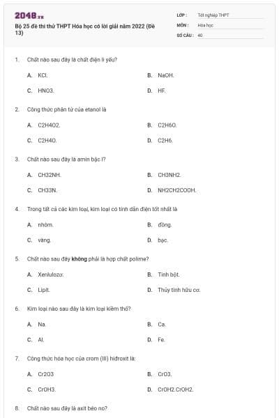 Bộ 25 đề thi thử THPT Hóa học có lời giải năm 2022 (Đề 13)