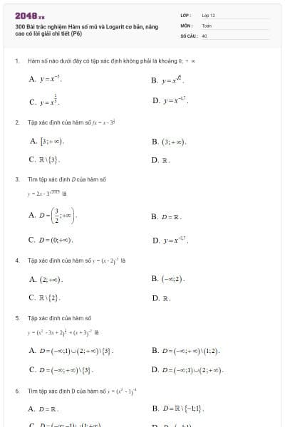 300 Bài trắc nghiệm Hàm số mũ và Logarit cơ bản, nâng cao có lời giải chi tiết (P6)